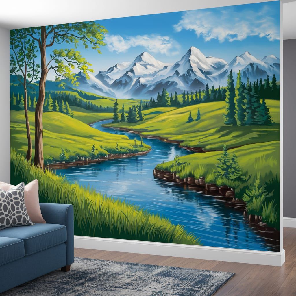 Airbrushed Landscape Mural on Lounge Room Wall
