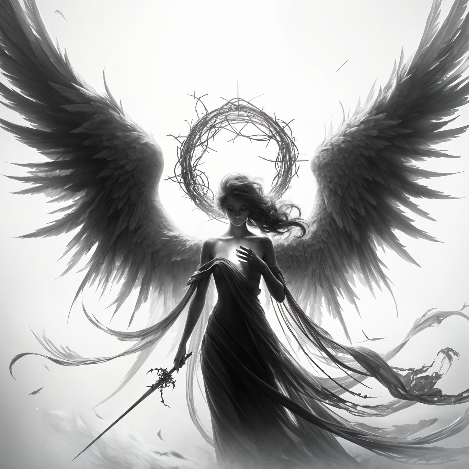 Fallen Angel Silhouette with Broken Halo