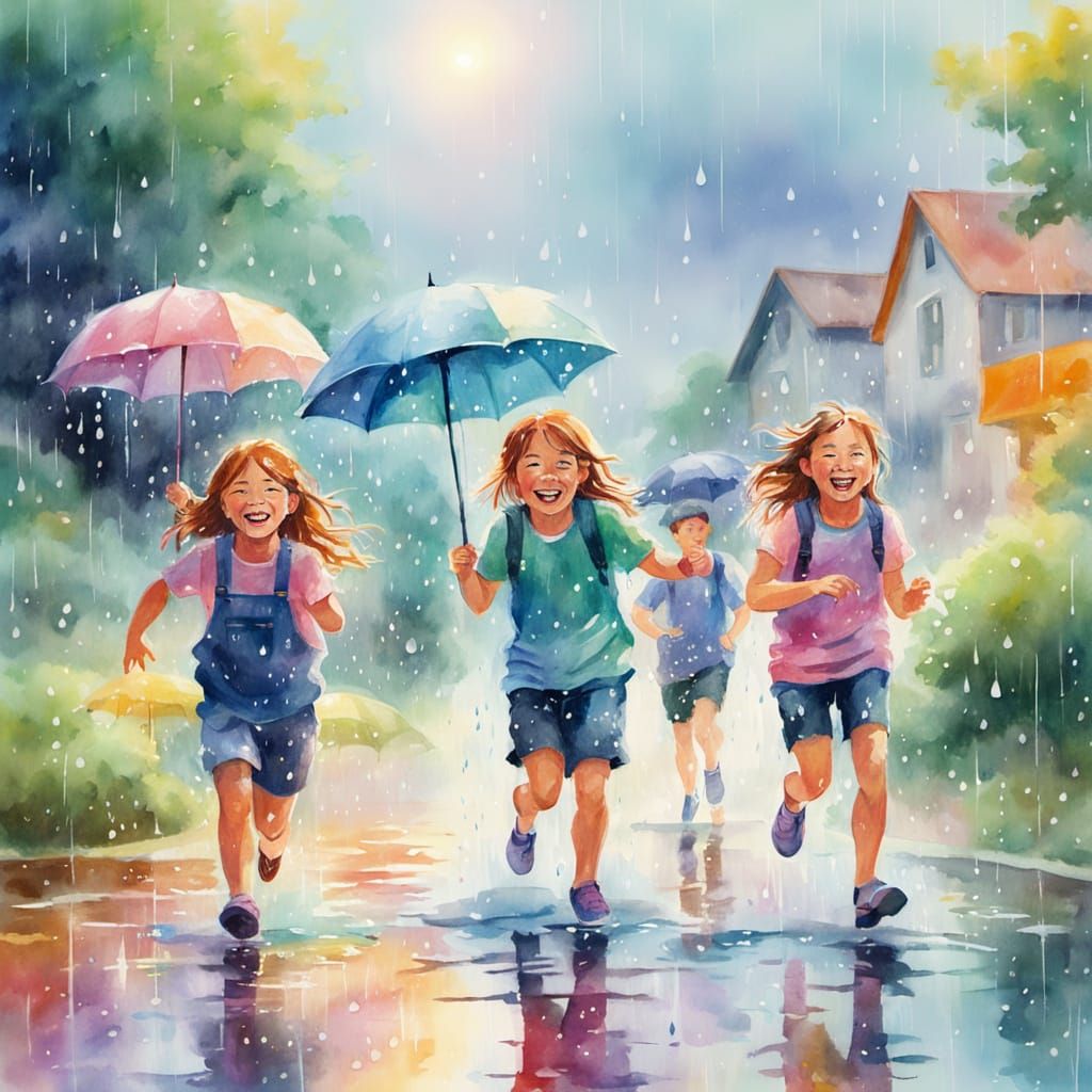 Happy Kids Playing in Summer Rain: Impressionist Painting
