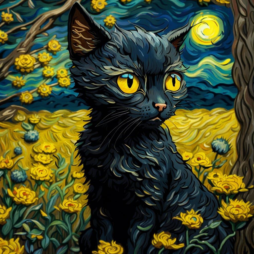 Kemono Black Cat in Van Gogh Style