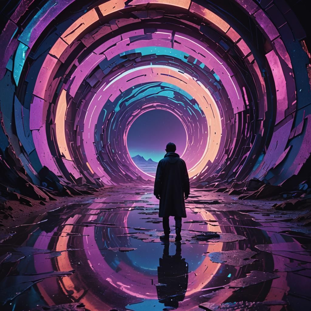 Iridescent Portal in Dystopian Landscape: Cinematic Film Sti...
