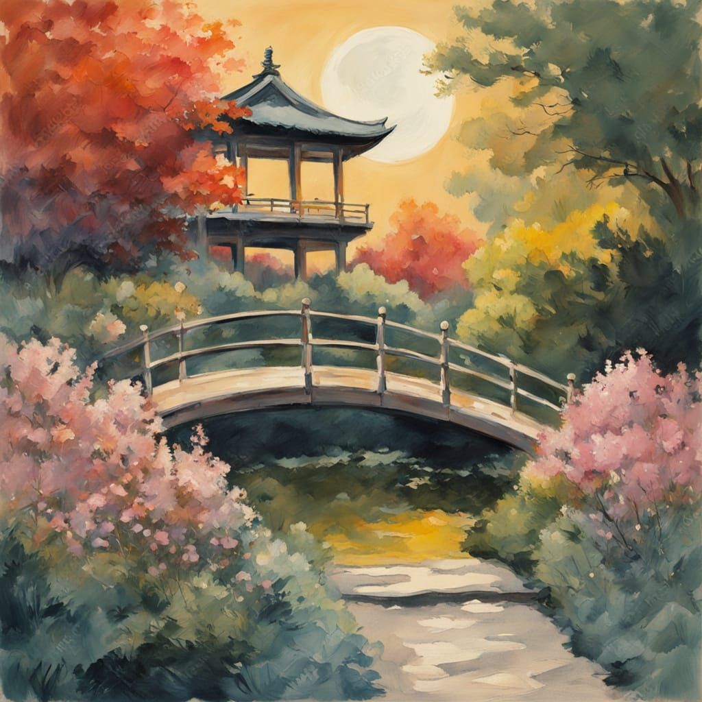 Moonlit Zen Garden in Impressionistic Watercolor Style