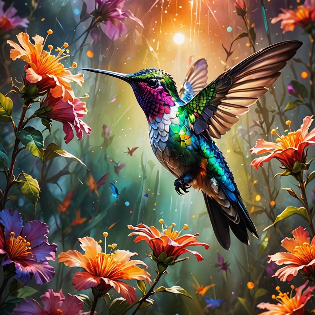 Hummingbird on Flower in Double Exposure Art