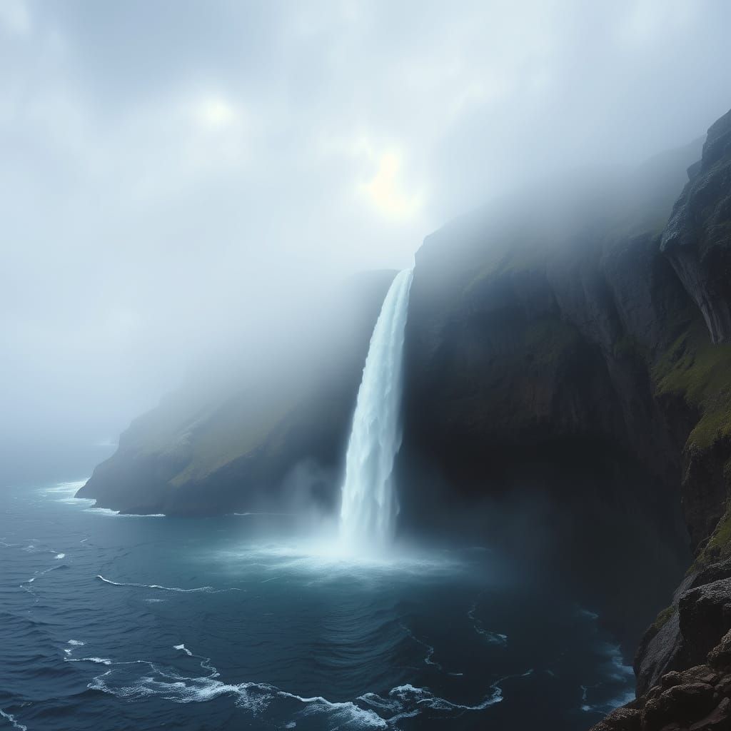 Mystical Waterfall Cascades into Turbulent Ocean Under Overc...