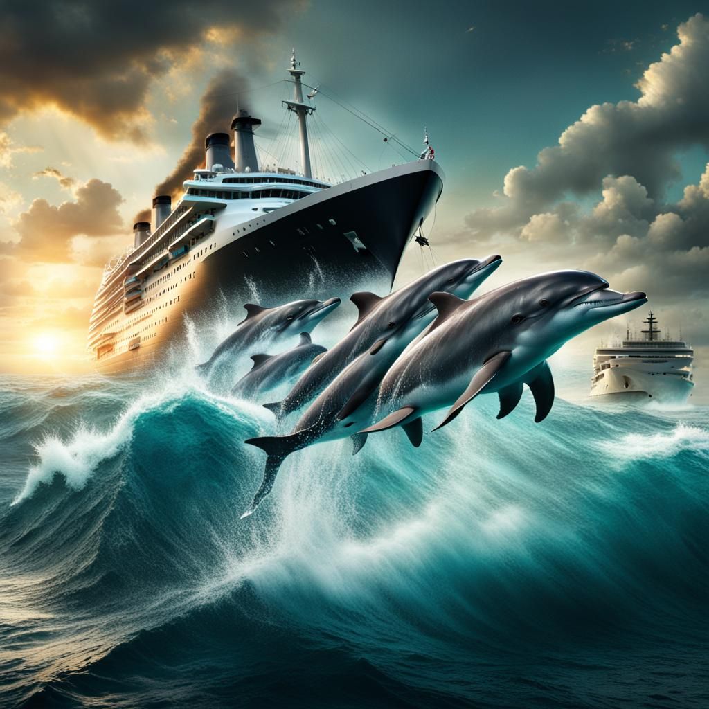 Dolphins Leaping Before Ship: Digital Matte Painting