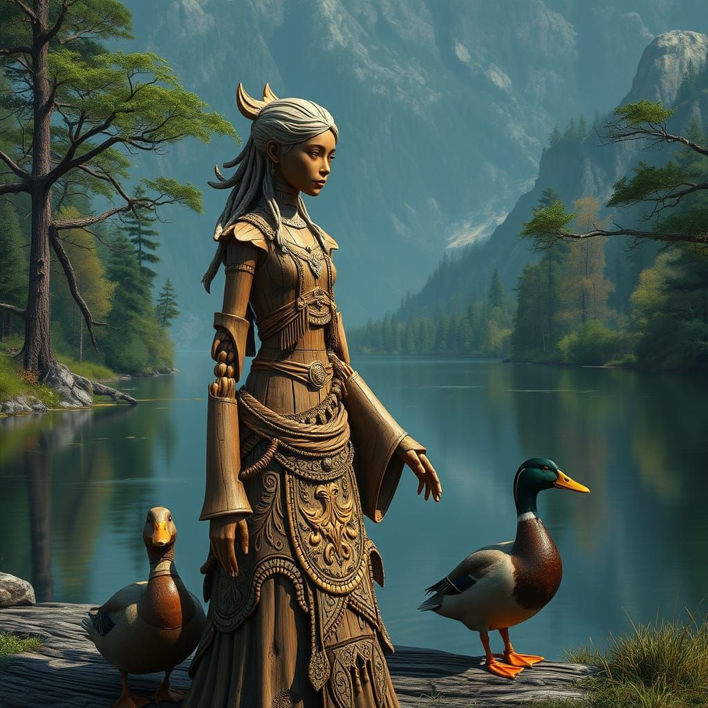 Wooden Woman and Duck Beside a Serene River