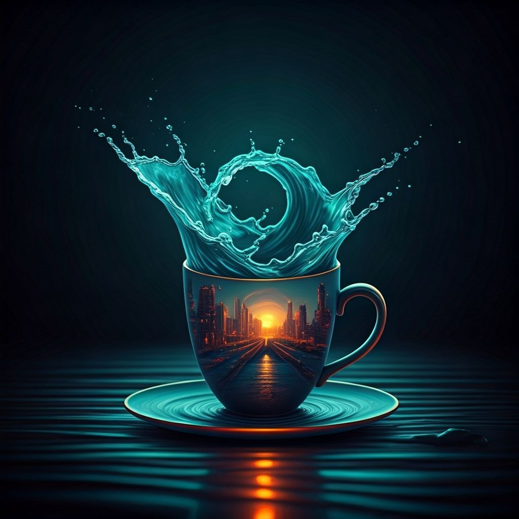 Futuristic City Wave in a Cup, Surreal 3D Art