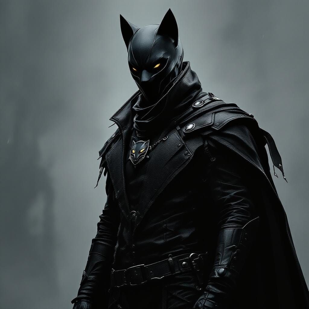 Mysterious Armored Figure with Cat-like Mask in Gritty Style