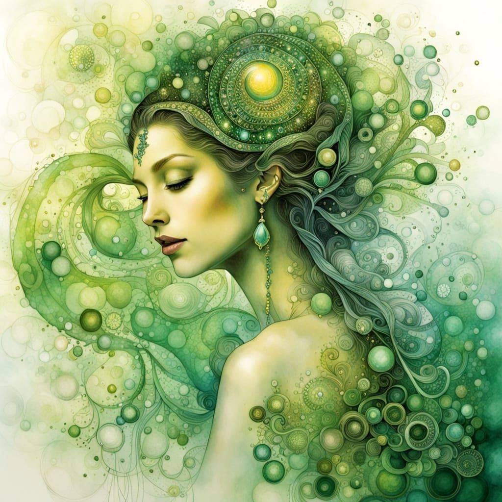 Ethereal Eco Castle with Luminous Lady in Surreal Landscape