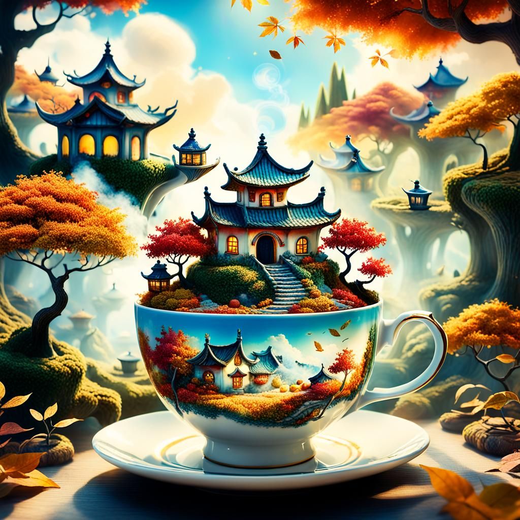 Autumn Village in Teacup: Dreamlike Digital Matte Painting