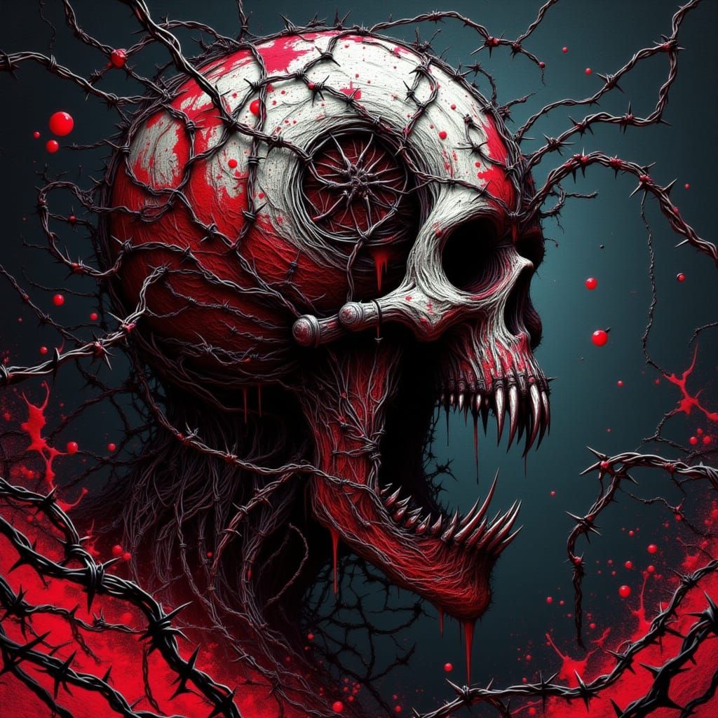 Colossal Skull Wrapped in Barbed Wire with Red Splatter