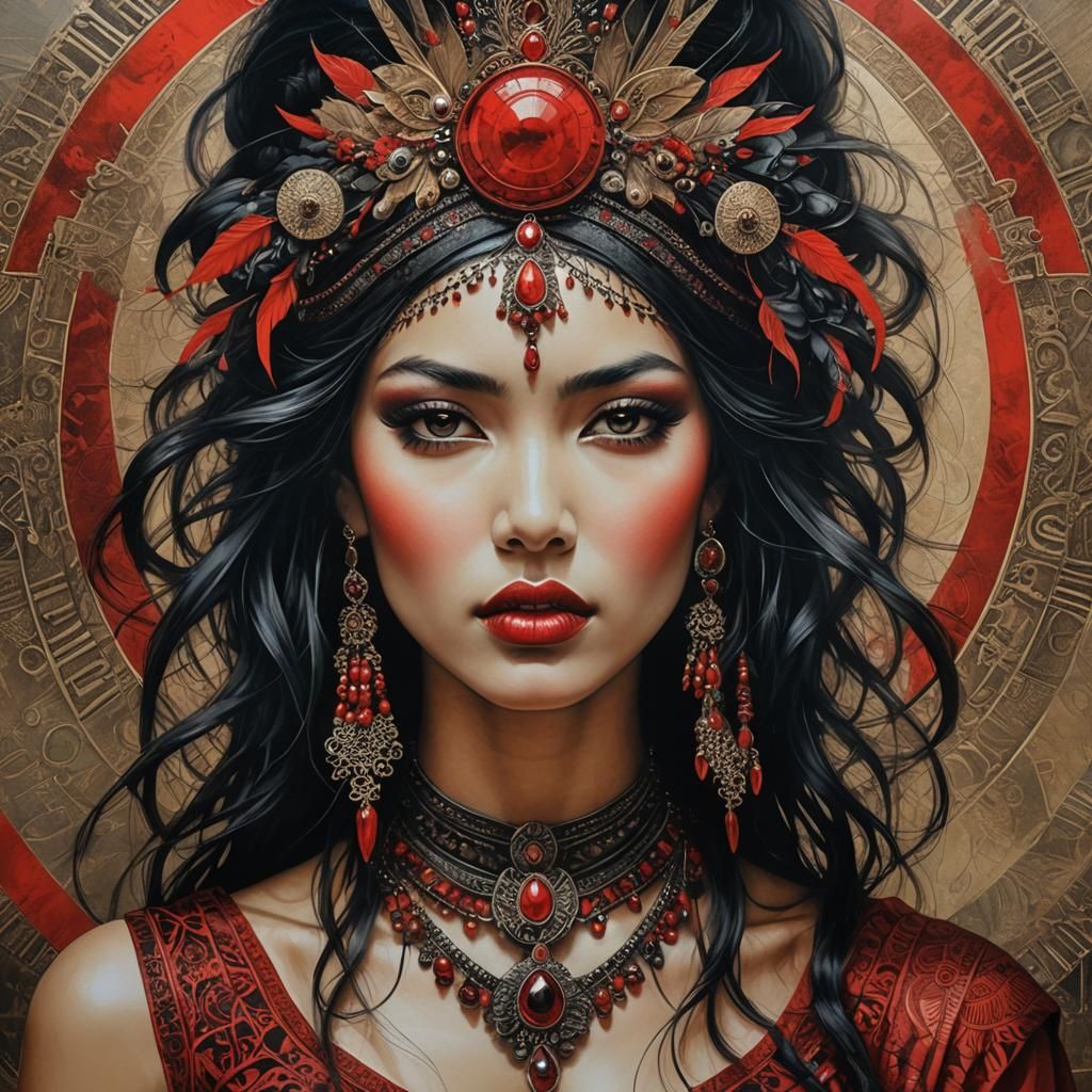 Lady in Luxurious Red Attire, an Oil on Canvas Masterpiece