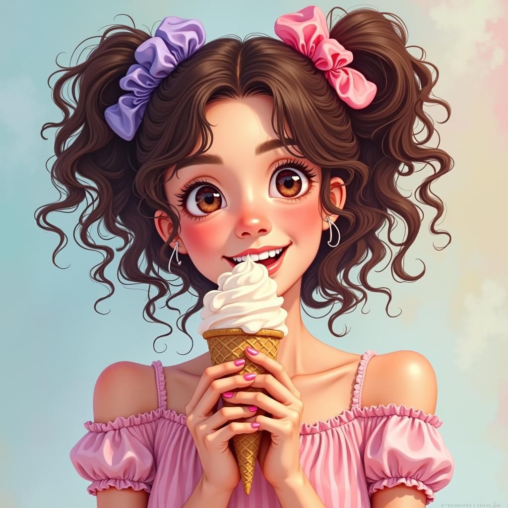 Woman with Scrunchies Enjoying Ice Cream