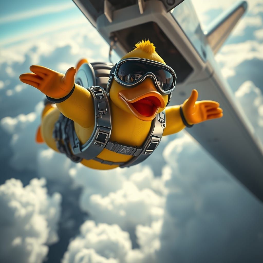Cyberpunk Rubber Duck Skydiver in Flight