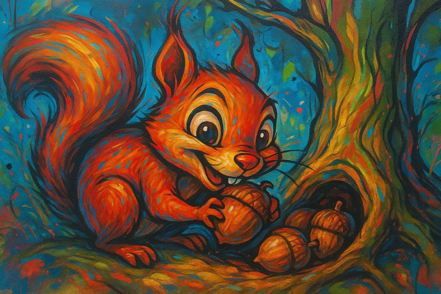 Squirrel Hiding Nuts: Vivid Matte Painting in Street Art Sty...