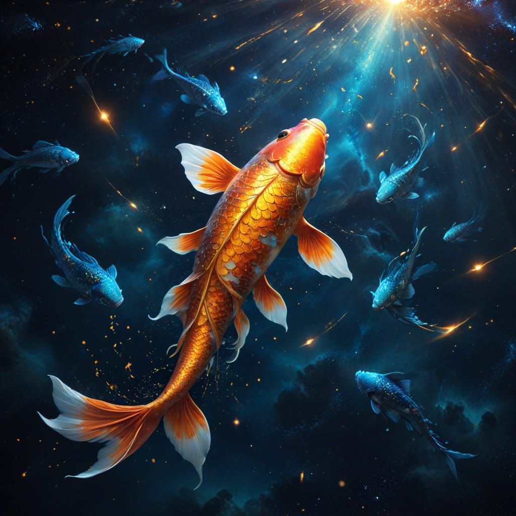 Celestial Koi Fish in Cosmic River - Digital Matte Painting