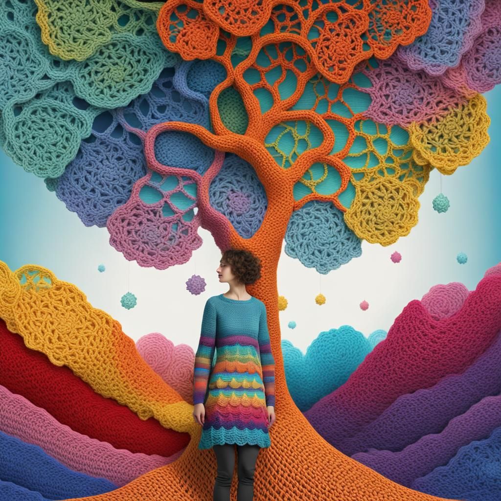Crocheted Girl in Crocheted Forest, Abstract Art