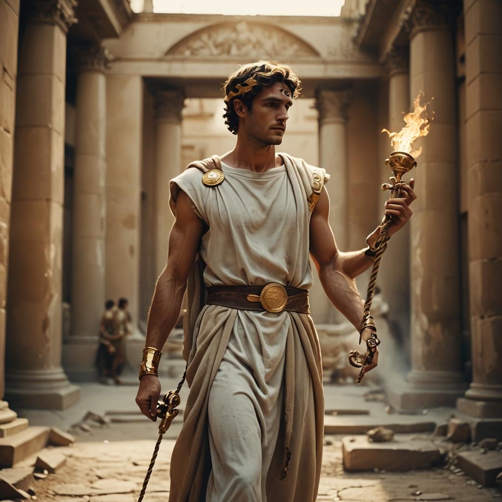 Hermes as Herald Holding Aesculapius: Cinematic Still