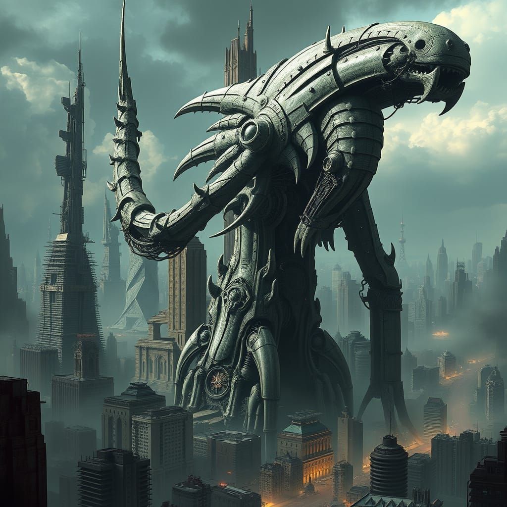 Cyberpunk Cityscape in Dark H.R. Giger Style