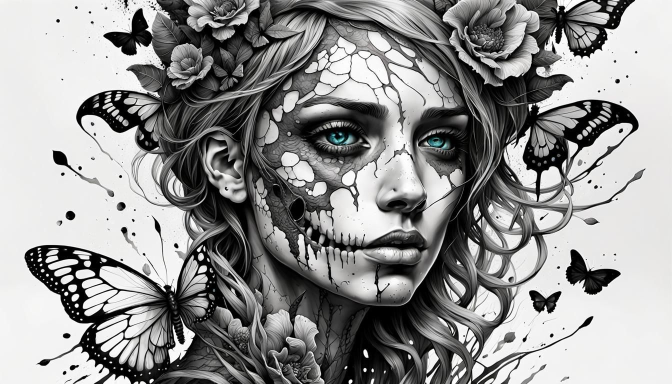 Undead Tattooed Biker Woman Chasing Butterfly in Inkblot Art