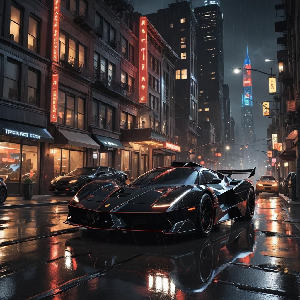 Batmobile and Ferrari in Gotham City at Night