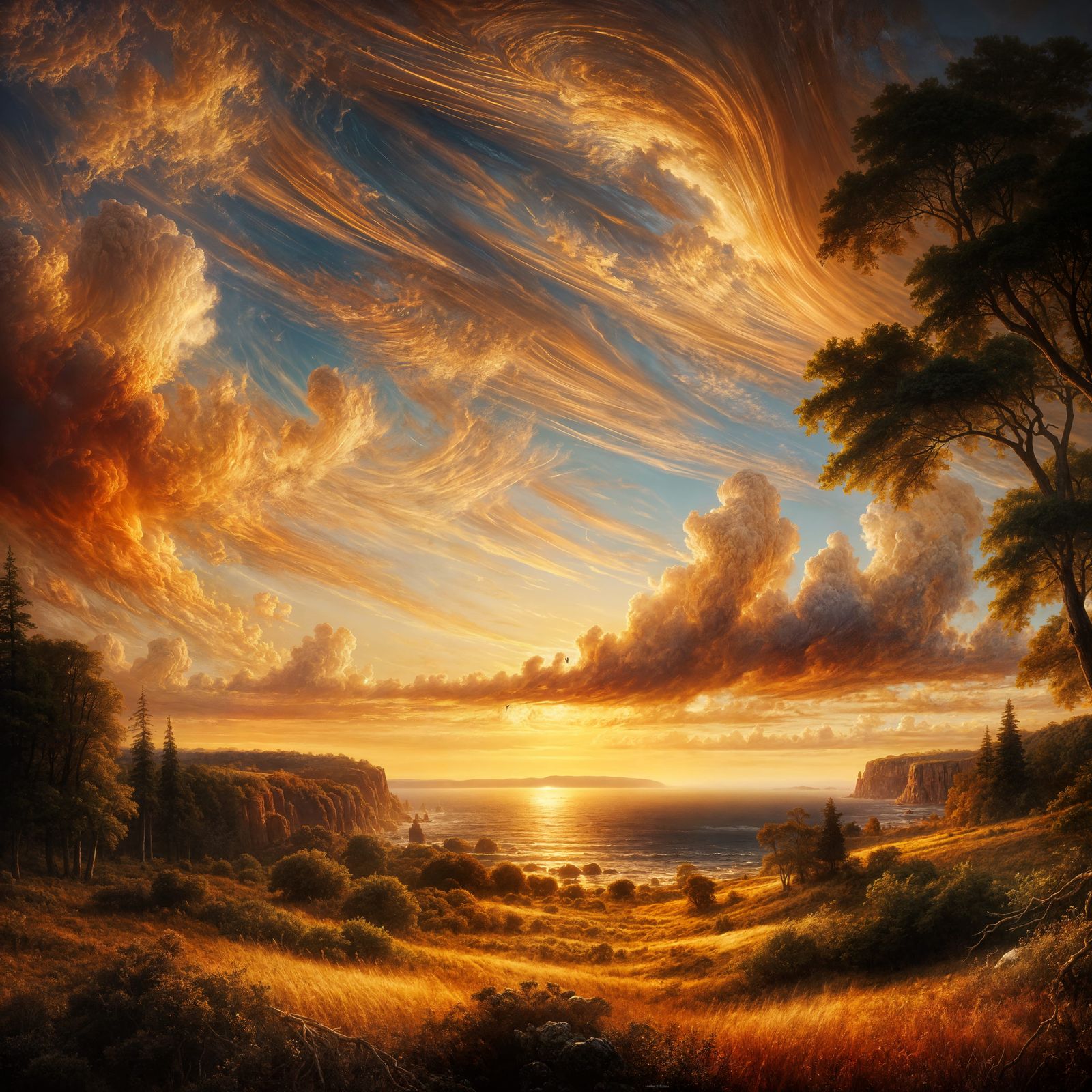 Majestic Sunset Coastline in Romantic Oil Painting Style