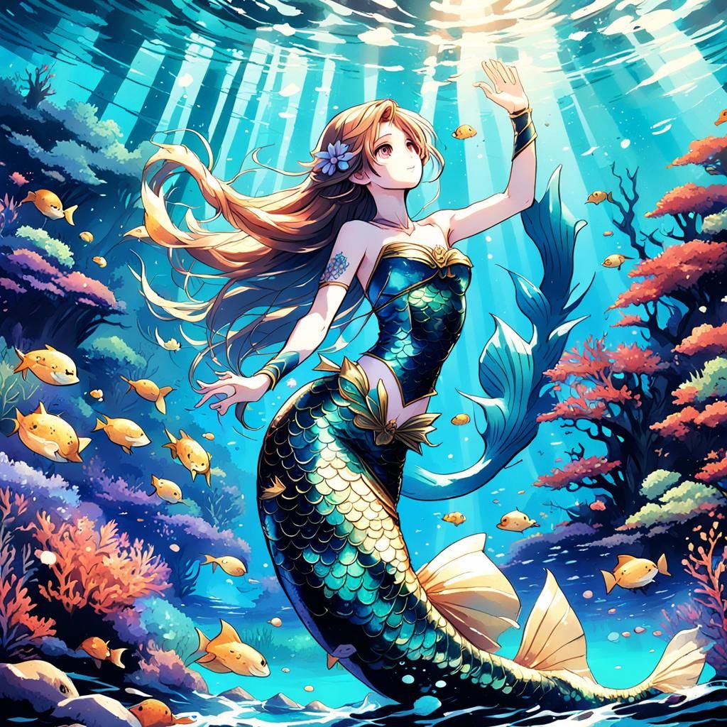 Anime Mermaid Dancing in Ocean Scene