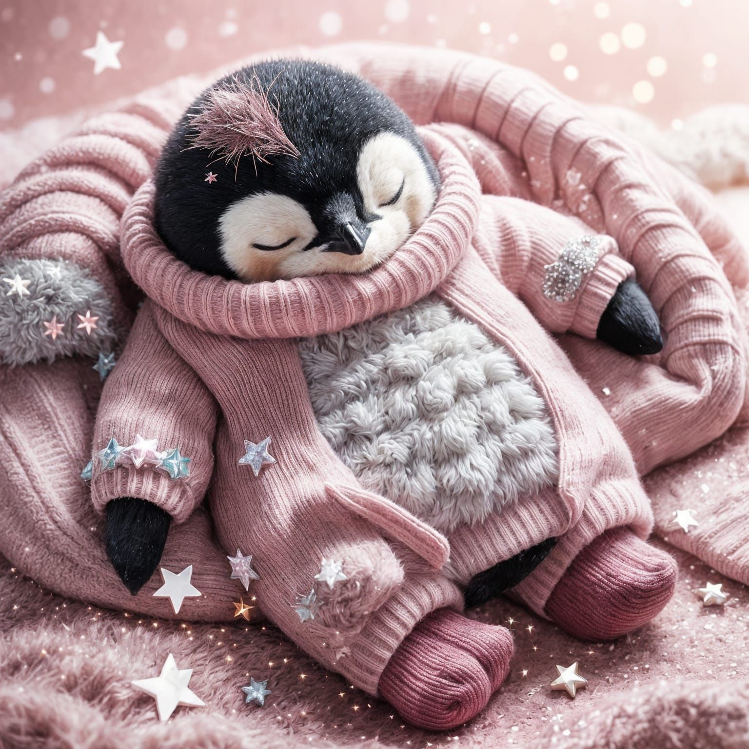 Adorable Sleeping Baby Penguin in Pink Jumper