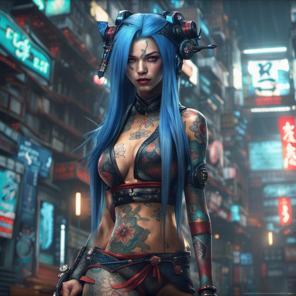 Cyberpunk Geisha Warrior with Blue Hair and Tattoos