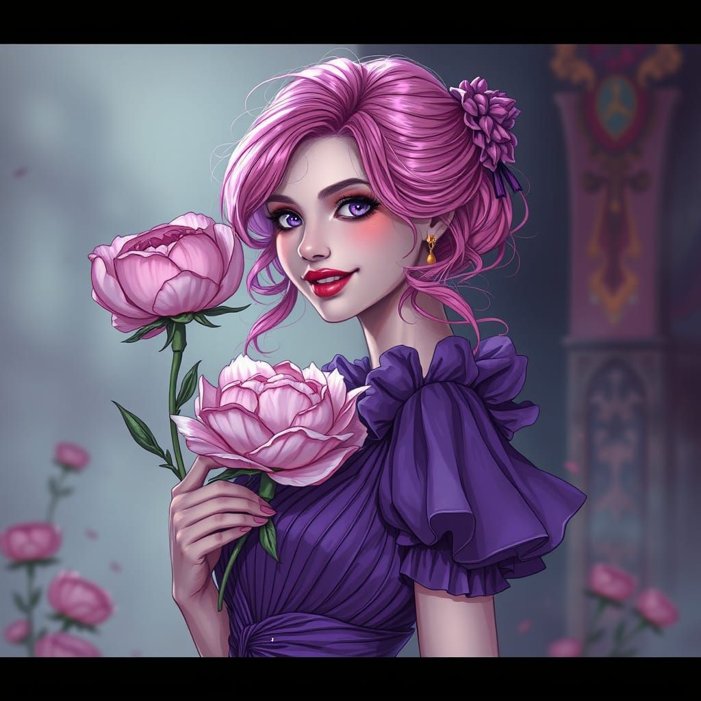 Gothic Study with Pink Haired Woman and Peony