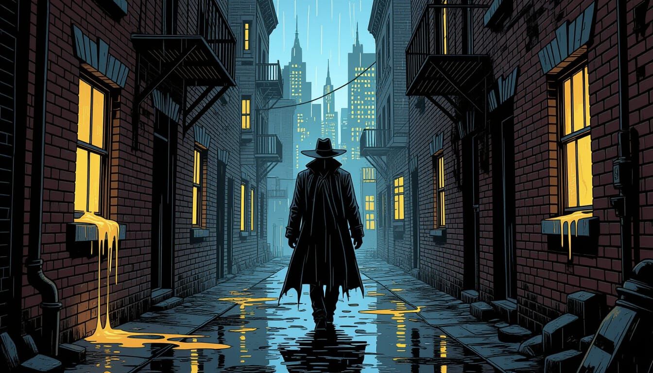 Neo-Noir Figure in Rain-Slicked Alleyway