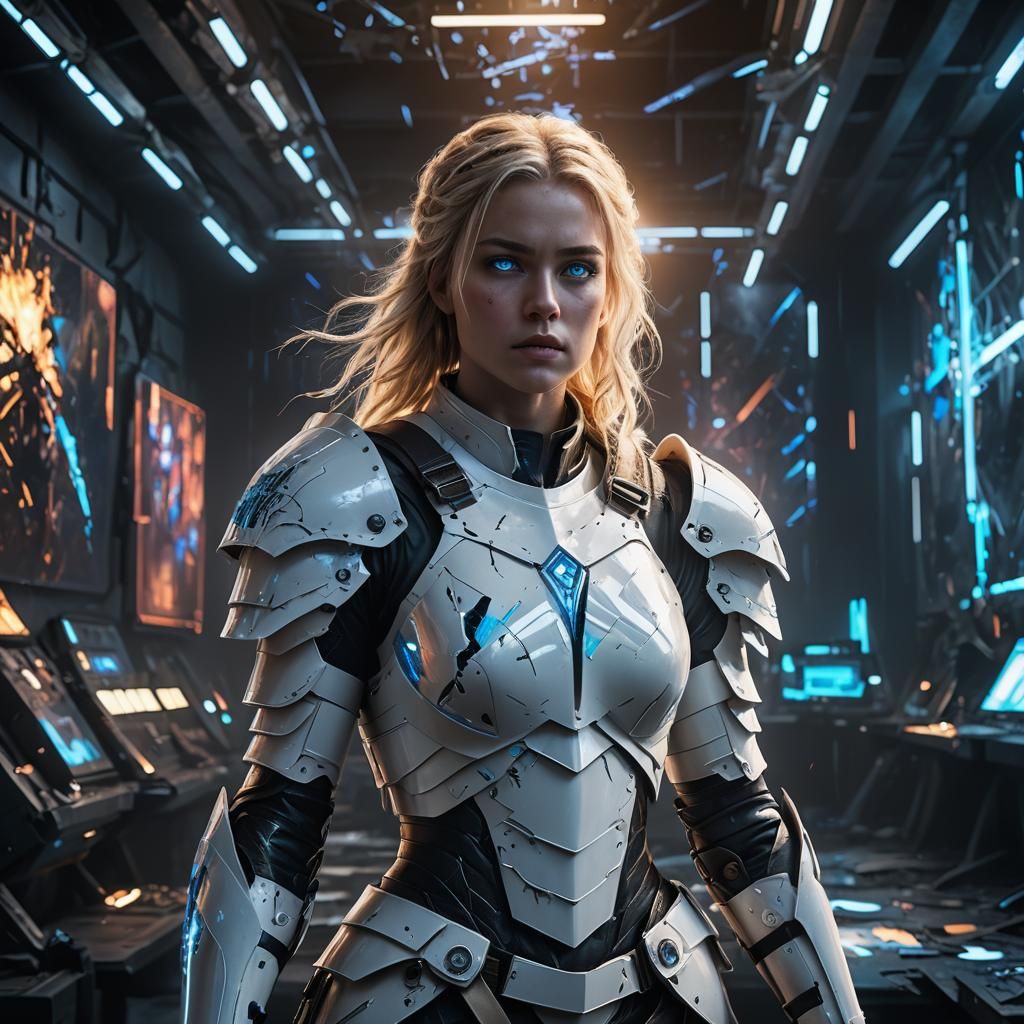 Blonde Warrior in War Room with Neon Accents