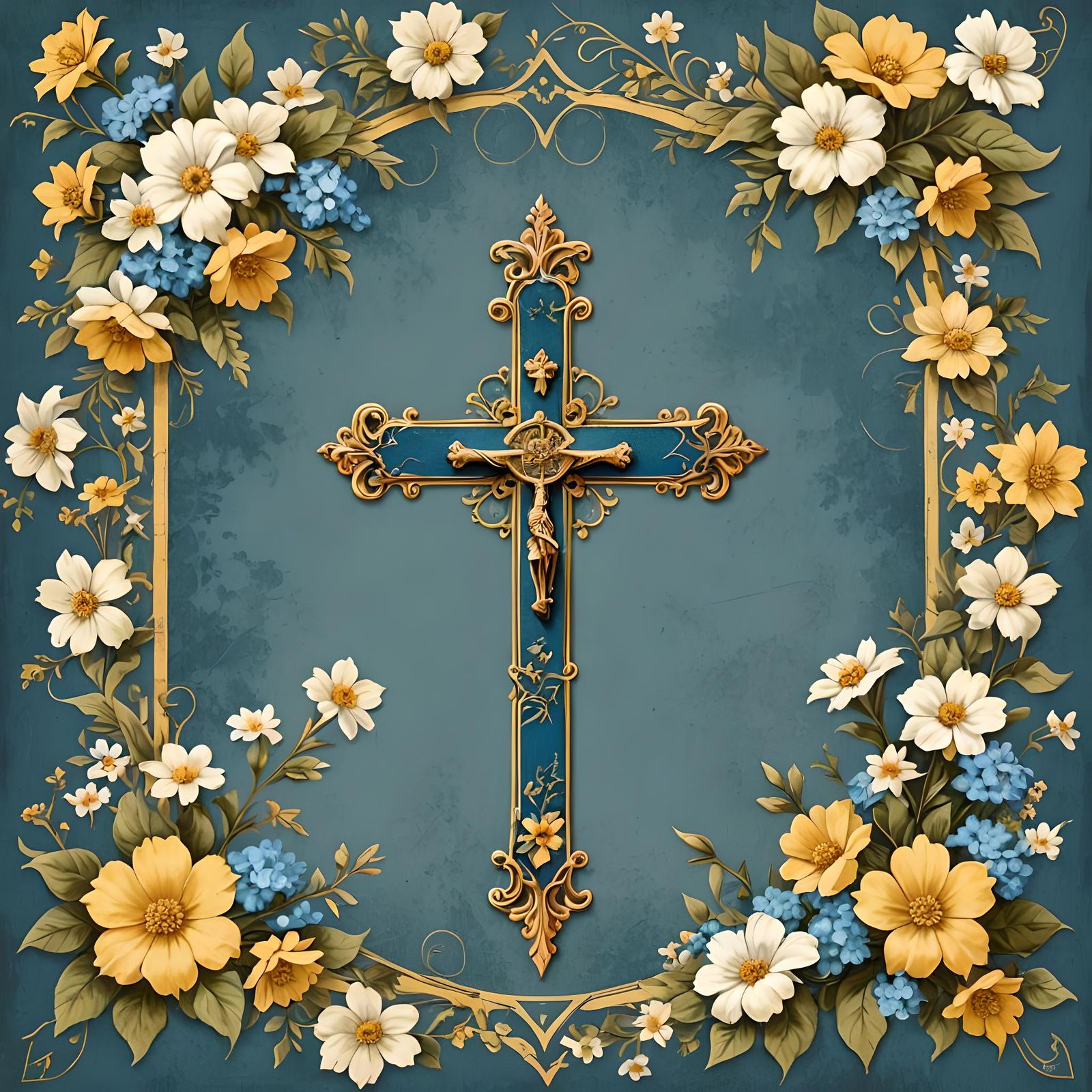 Blue Banner with Antique Yellow Cross and Flowers