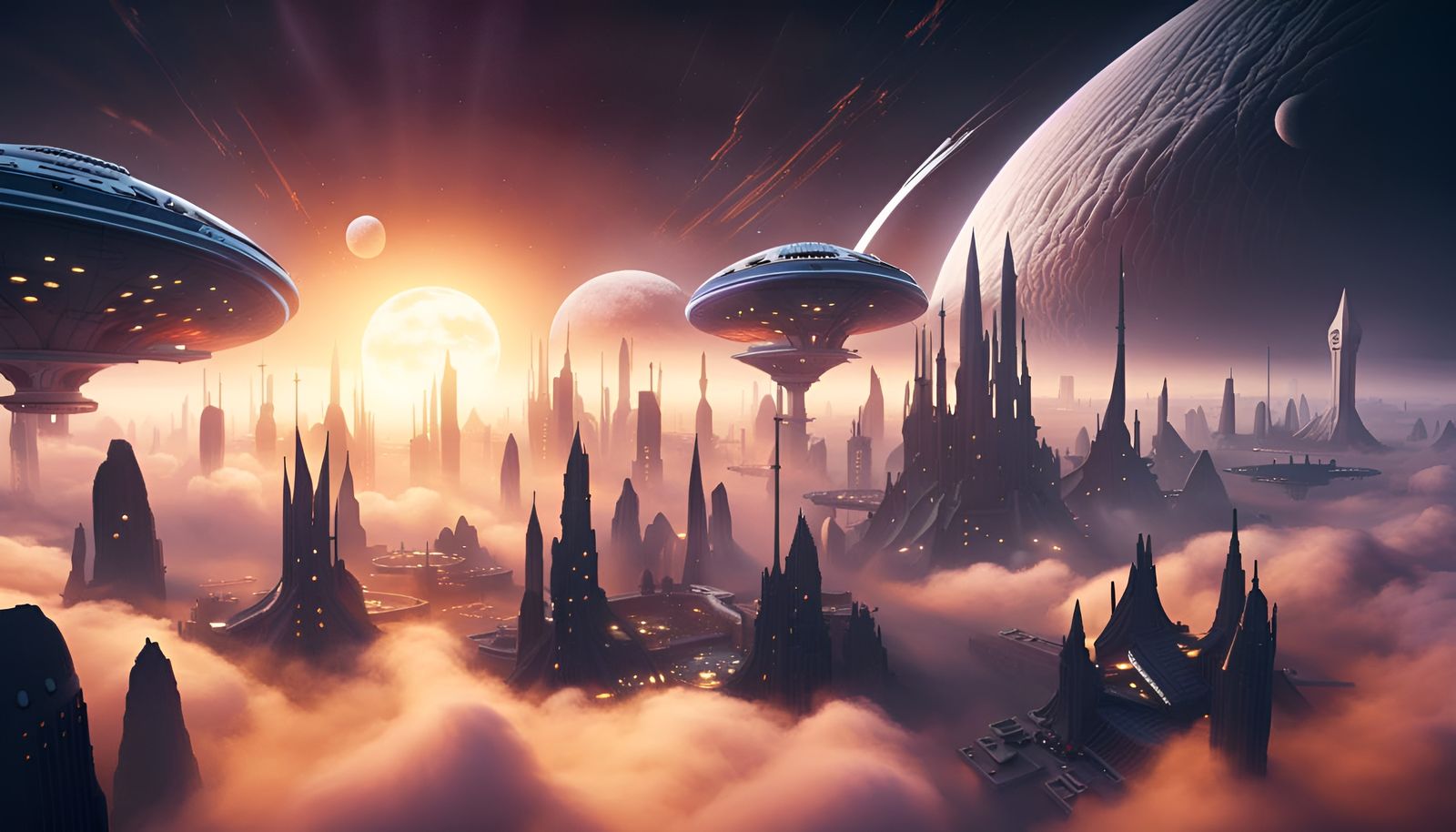 Alien City in Clouds with Spaceships: Fantasy Art