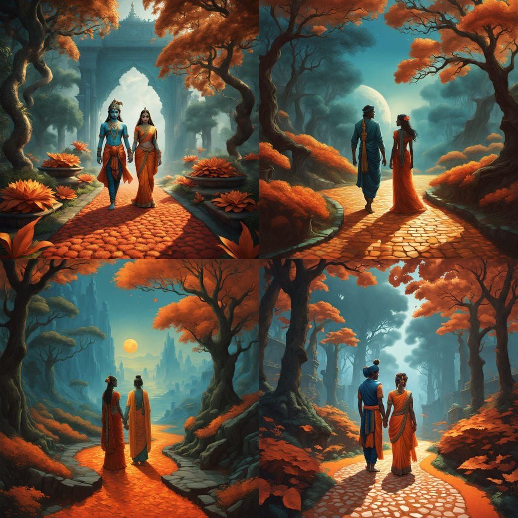Surreal Divine Lovers in Vibrant Indian-Inspired Landscape
