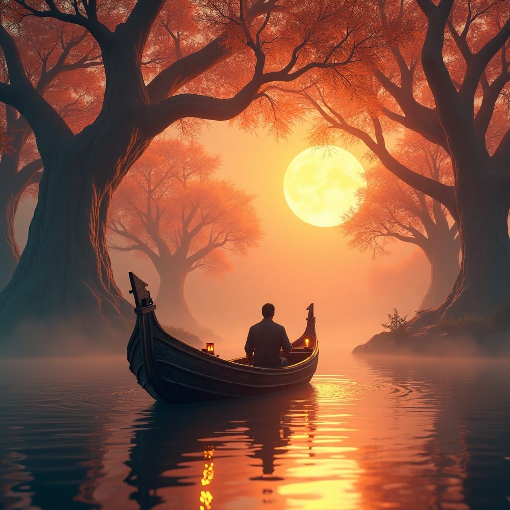 Mystic Boat on Misty Lake: Fantasy Concept Art