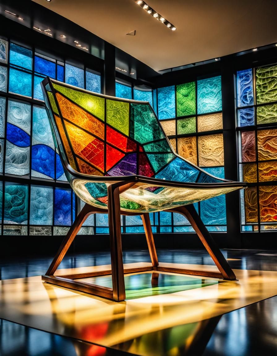 Stained Glass Chair in Contemporary Museum, Hyperrealistic