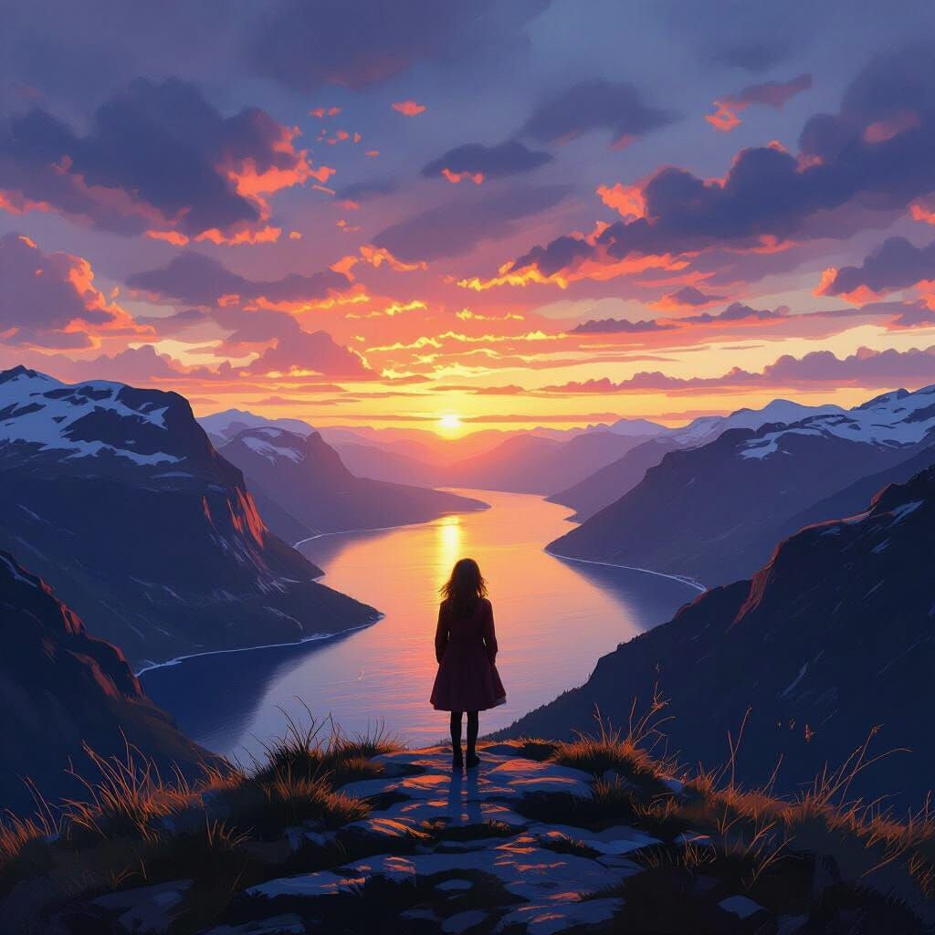 Norwegian Girl at Fjord Under Dramatic Sunset