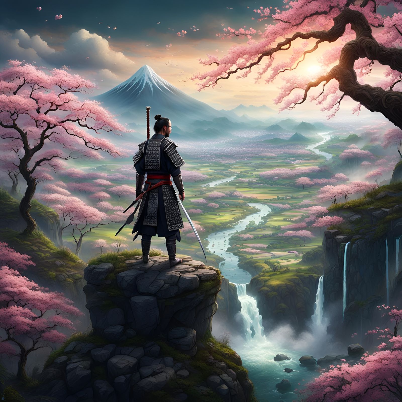 A samurai standing on a mountain