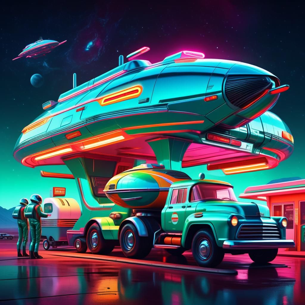 Retro-Futuristic Alien Truck Stop in 1950s Sci-Fi Style