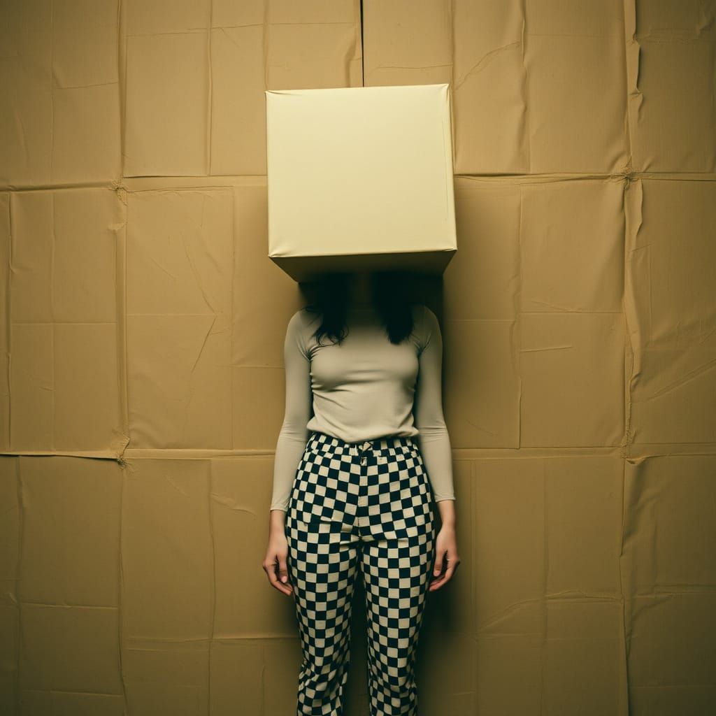 Surreal Woman with Cube Head in Retro Style