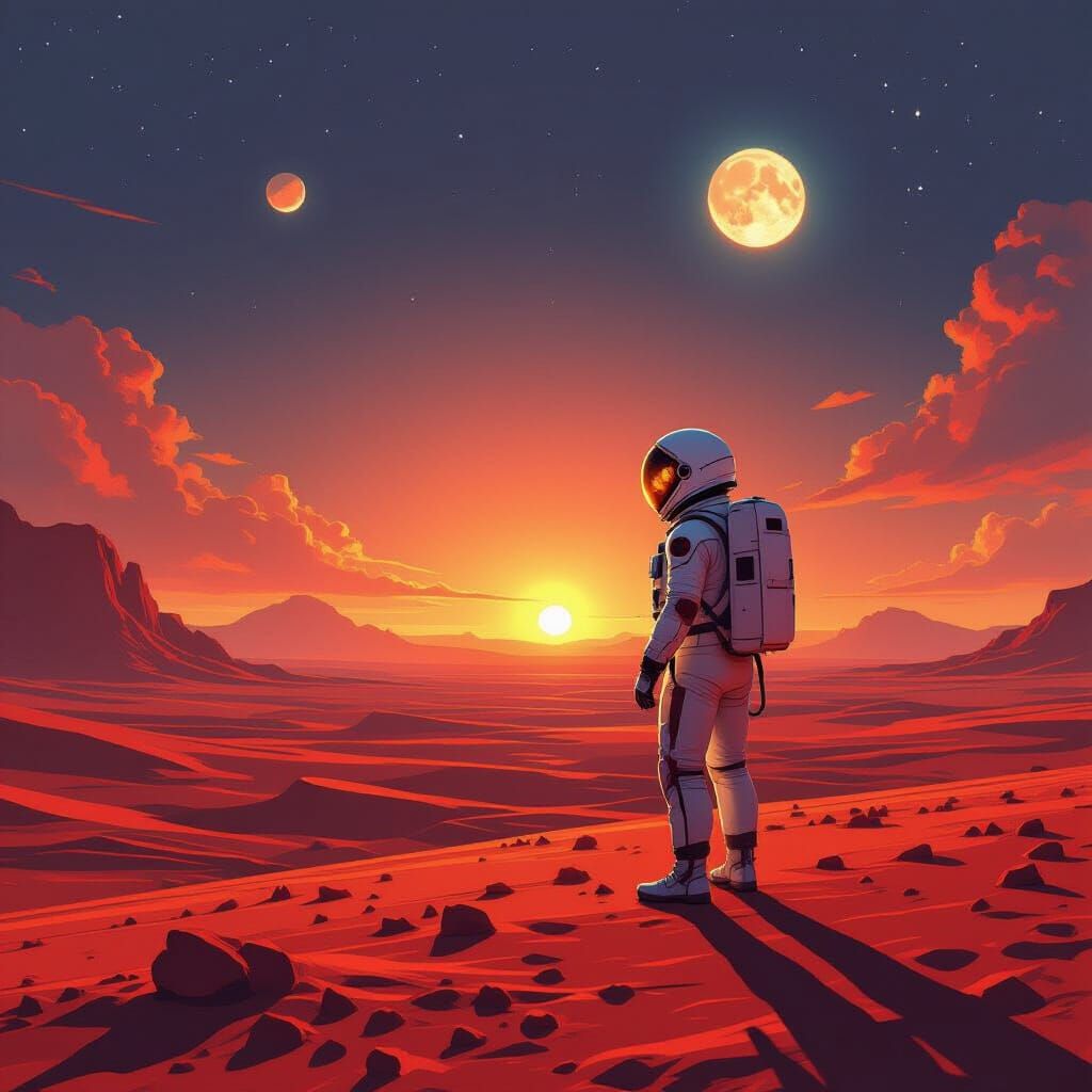 Astronaut on Alien Planet with Binary Sunset