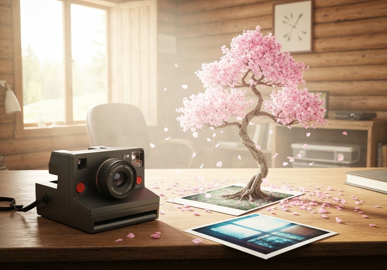 Surreal Cabin Scene with Polaroid and Bonsai Tree