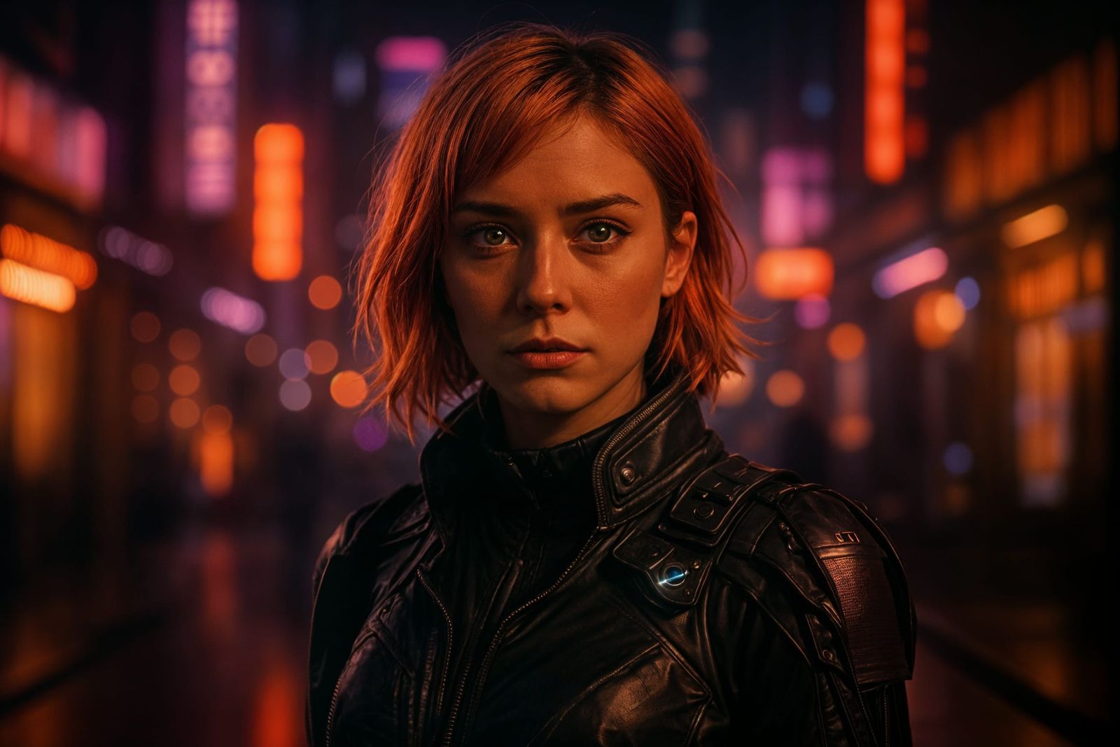 Cyberpunk Woman Amidst Vibrant Neon Cityscape