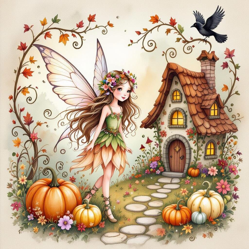 Autumn Fairy in Enchanted Cottage Scene