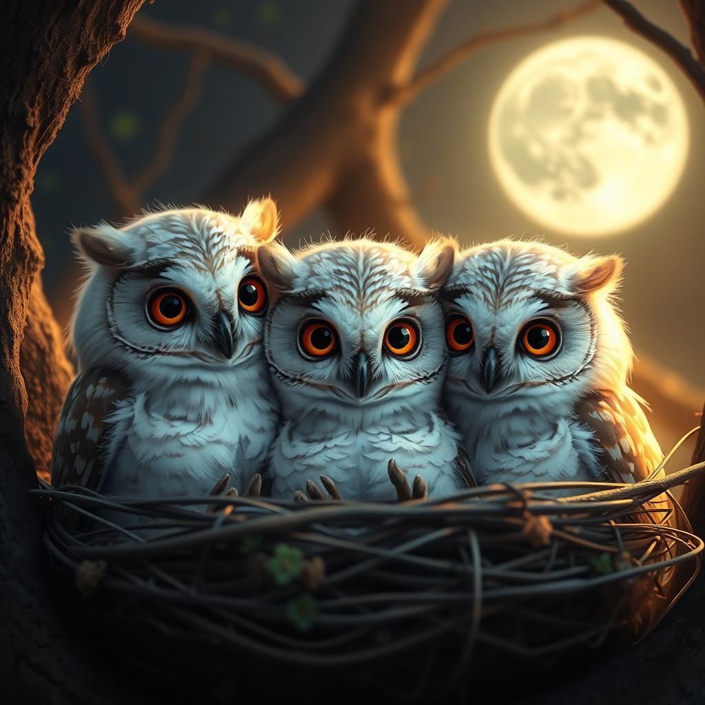 Cozy Baby Owls in Moonlight: Fantasy Concept Art