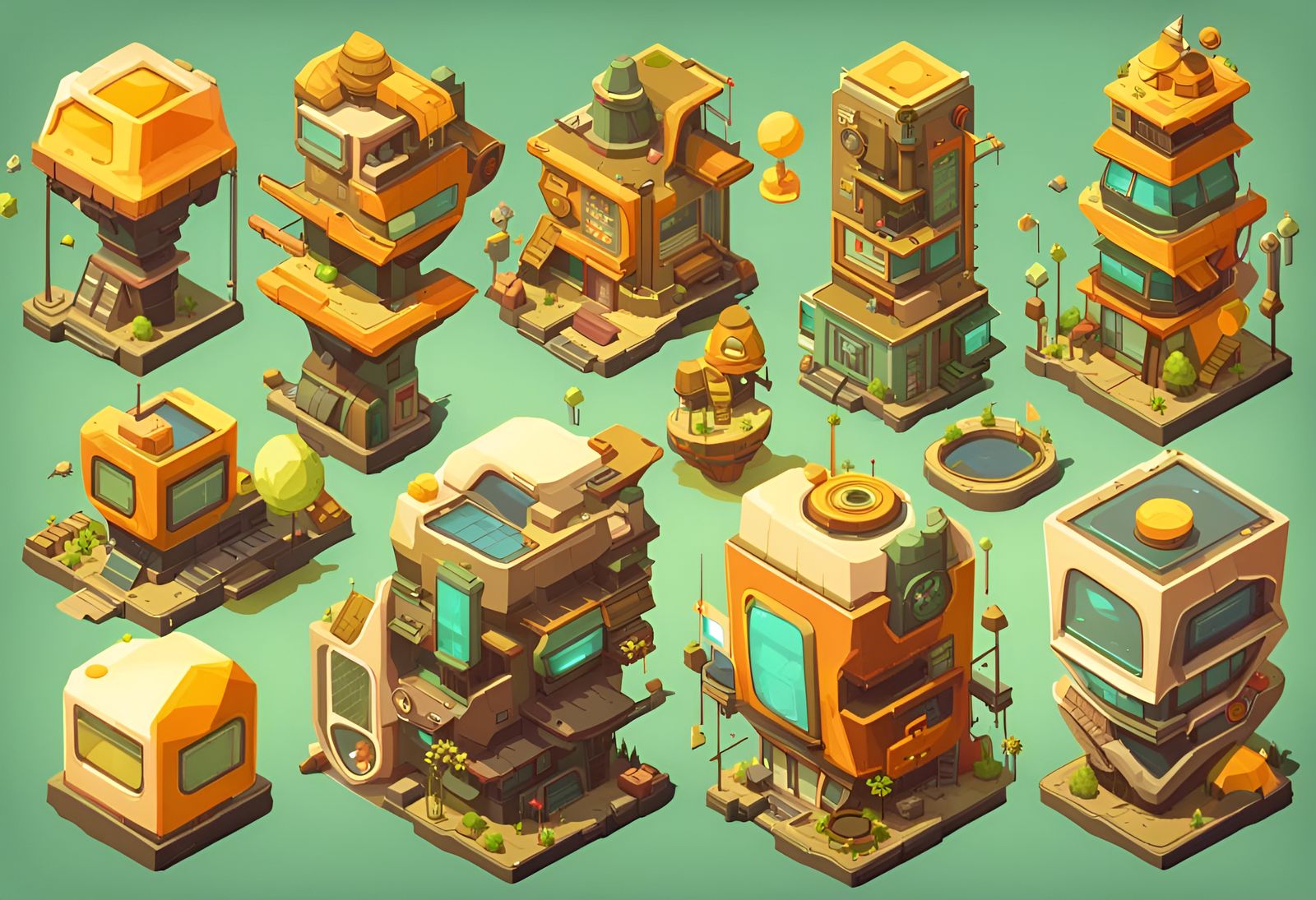 Solarpunk City Builder Game Assets in Toon Style