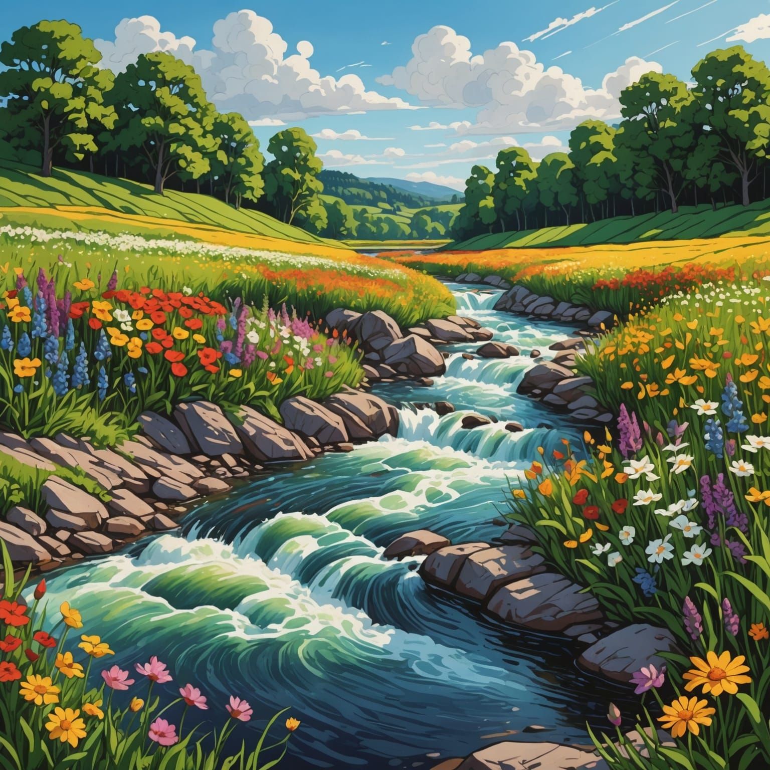 Hyperrealistic Doodle of a Flowered Field by River