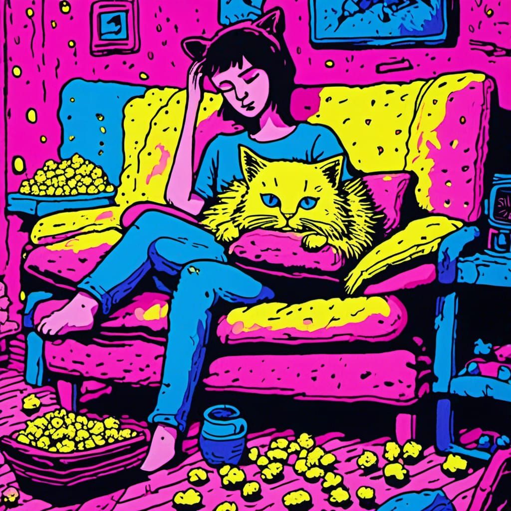 Cat on Couch in 80s Impasto Blacklight Style