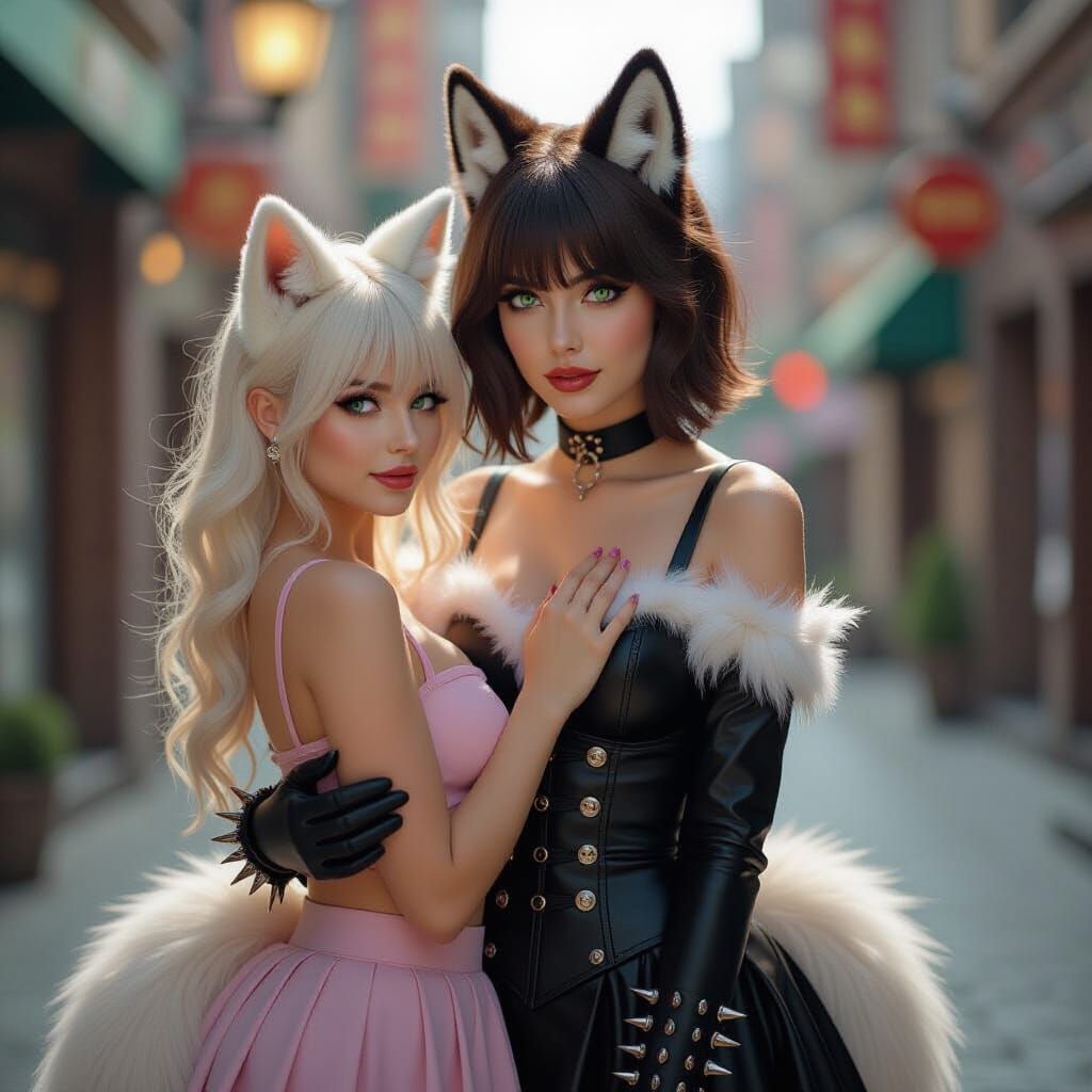 Gothic Wolf Girl Holding Fox Girl in Realistic Photo